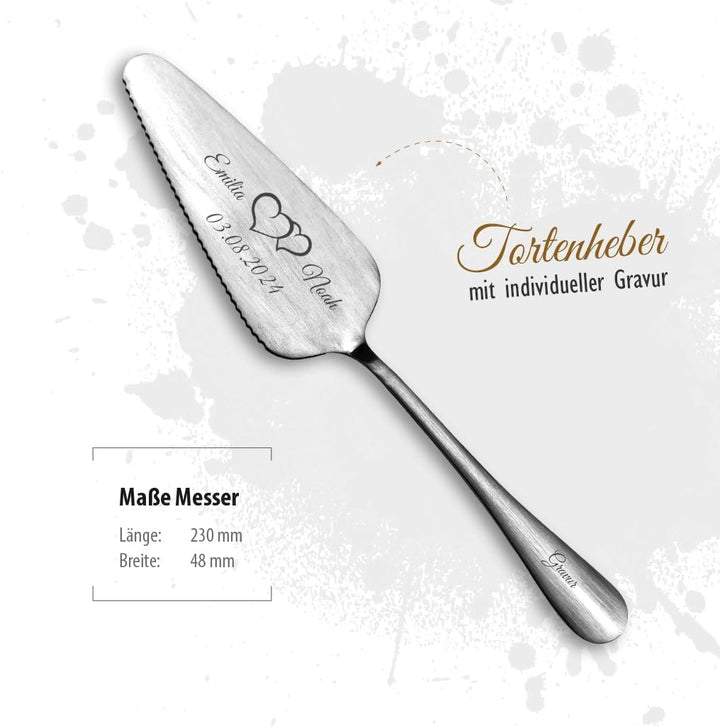 Tortenmesser + Kuchenheber Set mit eigener Gravur/Hochzeit Motiv Herzen Geschenk Brautpaar Tortenheb