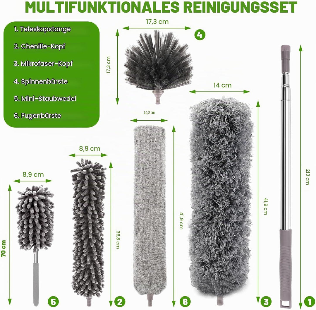 6 Stücke Staubwedel Teleskop,Mikrofaser Duster Eckbesen,mit Teleskopstange,Waschbar,ausziehbar bis 2