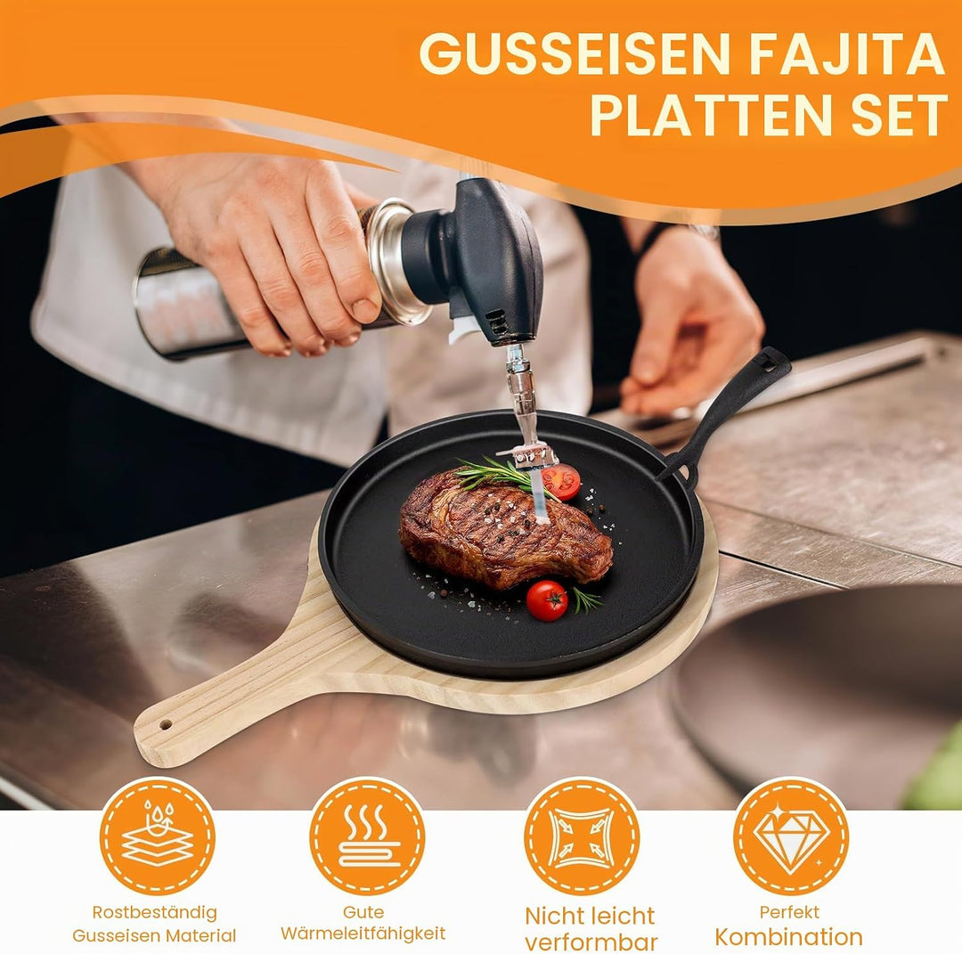 2er Set Gusseisen Pfannen Set Gusseisens Fajita Pfanne mit Holzuntersetzer Anti Verbrüh Schutz Runde