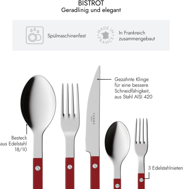 SABRE PARIS - Tafelbesteck, 5-teilig - Bistrot - Messer, Gabel, Esslöffel, Teelöffel & Kuchengabel -