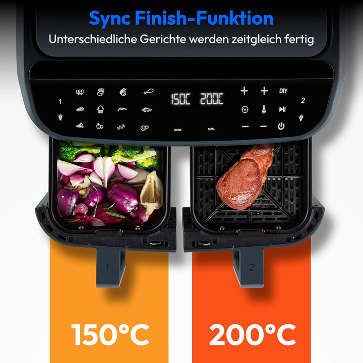 MEDION P20 XXL Heissluftfritteuse mit 2 Kammern (8,7 Liter, Airfryer, 2.600 Watt, Doppelkammer, 10 A
