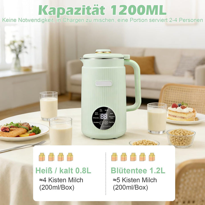 1200ml Sojamilch Maschine,Nussmilchmaschine 8-in-1, Automatische Mandelmilchmaschine mit 12 Klingen