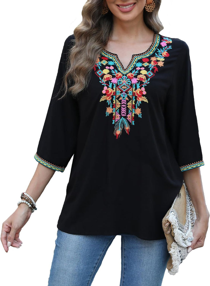 Seasonal Boho Tunika Damen Sommer Mexikanische Blumen Bestickt V-Ausschnitt Top 3/4 Ärmel Hippie Los