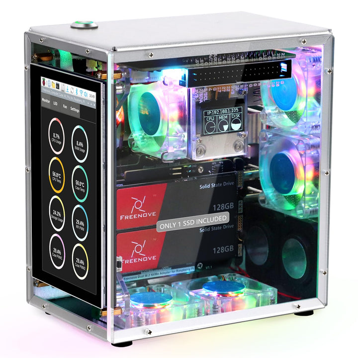 FREENOVE Raspberry Pi 5 Case Kit Pro (with 1x 128GB SSD), Dual M.2 NVMe SSD Slots, 5 PWM ARGB Fans L