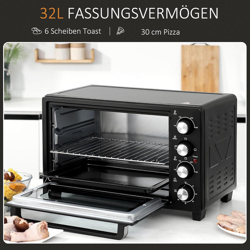 HOMCOM Mini Backofen 32L Mini Ofen mit Grillrost, Backblech, 3 Kochmodi 100 °C-230 °C einstellbare T