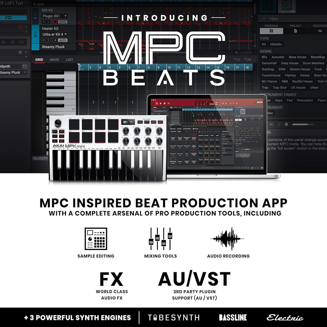 AKAI Professional Midi Controller + Sustain Pedal Bundle - MPK Mini MK3 White USB-MIDI-Keyboard Cont