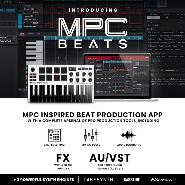AKAI Professional Midi Controller + Sustain Pedal Bundle - MPK Mini MK3 White USB-MIDI-Keyboard Cont