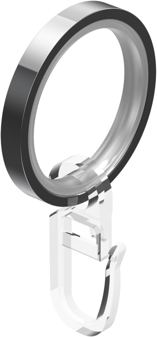 Interdeco Gardinenringe mit Gleiteinlage und Faltenhaken, Ringe in Chrom für Gardinenstangen 20 mm Ø