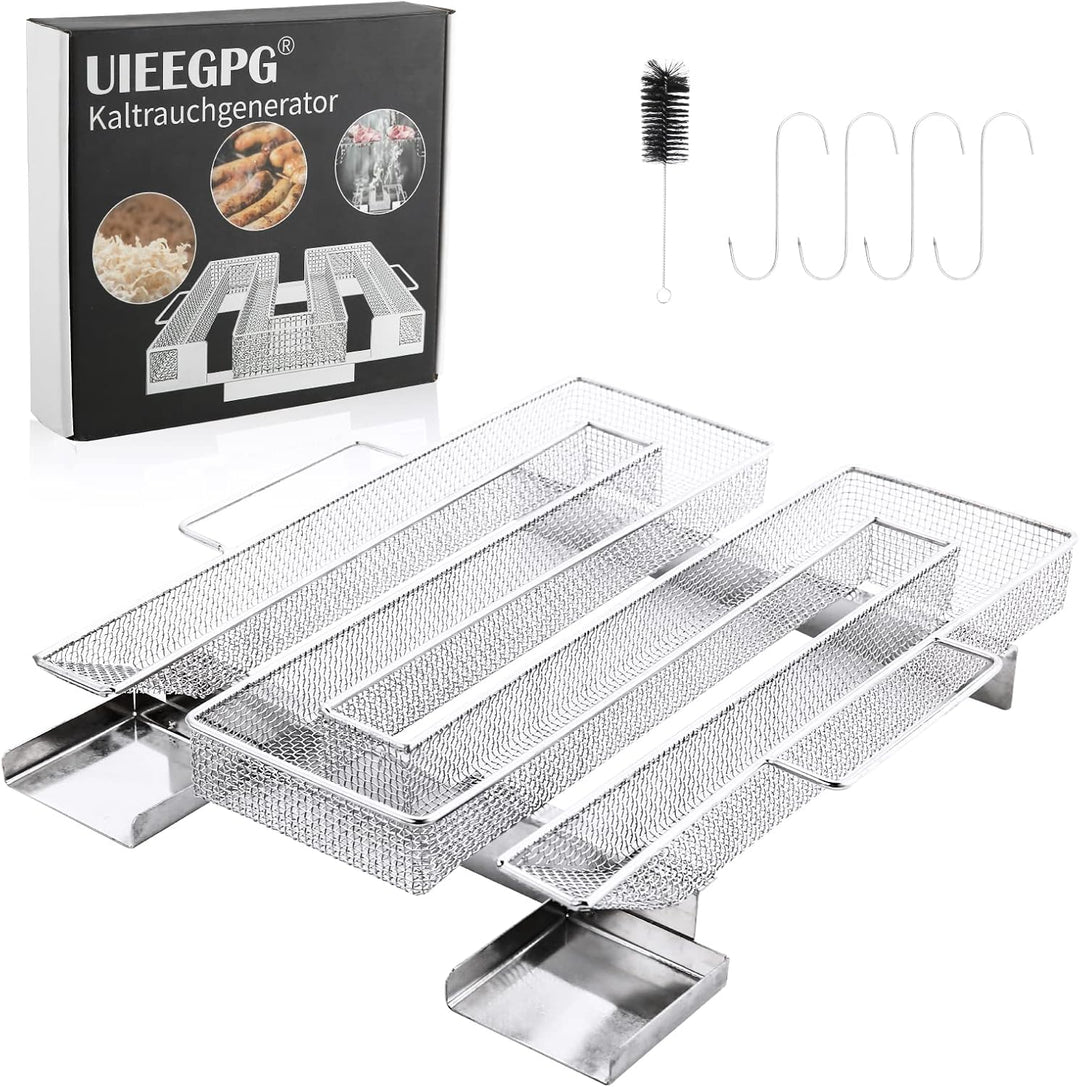 UIEEGPG Kaltrauchgenerator aus Edelstahl, Sparbrand Kaltraucherzeuger Mit Griffen Bürste + Haken für