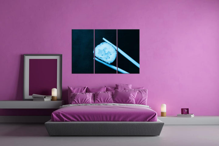 deyoli Sushi auf Essstäbchen Format 120x80 3Teilig Effekt: Monocrome Blau als Leinwandbild, Motiv fe