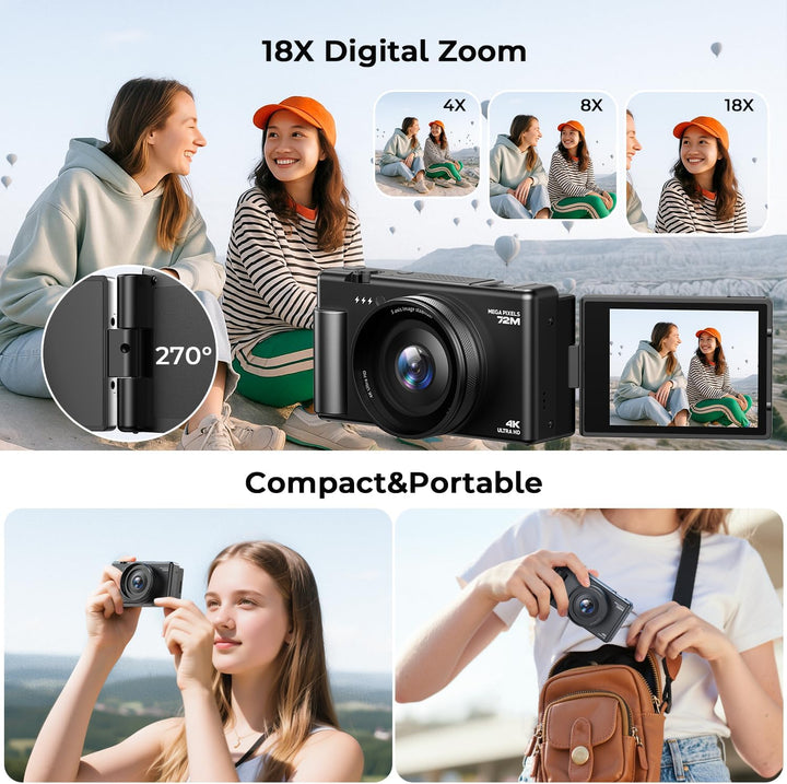 4K Digitalkamera, 72MP Autofokus Digital Kamera 2.8" 270° Klappdisplay Vlogging Kamera für YouTube,