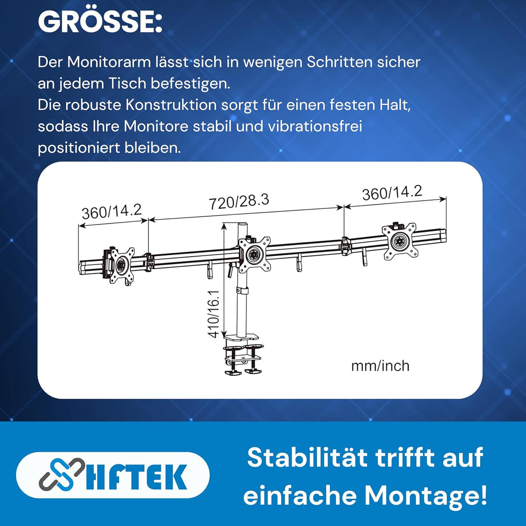 HFTEK 3-Fach-Monitorarm - Tischhalterung für Bildschirme von 15 – 27 Zoll mit VESA 75/100 (MP230C-L)