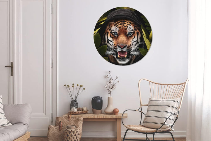 MuchoWow Wandbild Rund Wanddeko Deko Wohnzimmer Bilder 90x90 cm Tiger - Dschungel - Blätter, 90x90 c