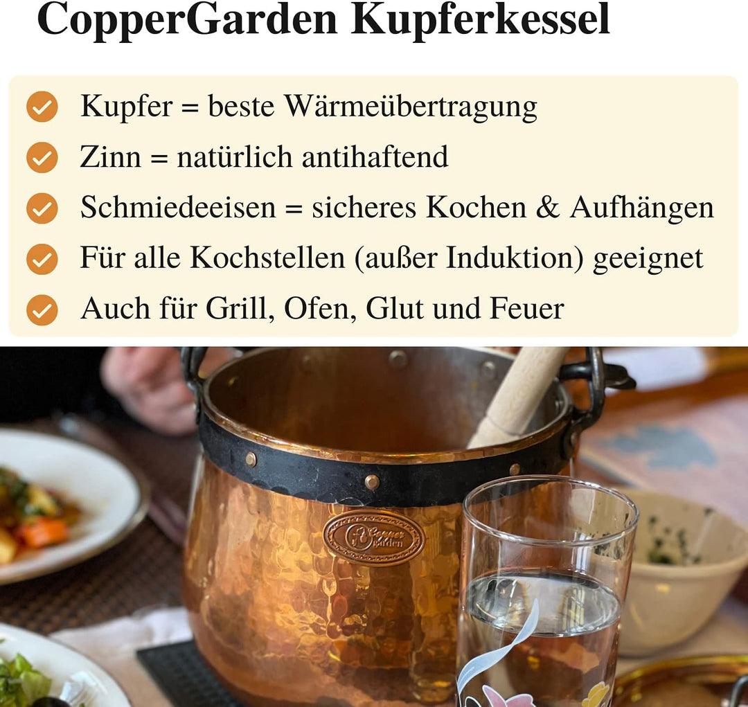CopperGarden Kupferkessel 20 L mit Henkel &amp; Deckel - Hexenkessel I Robuster Kessel aus verzinntem Ku