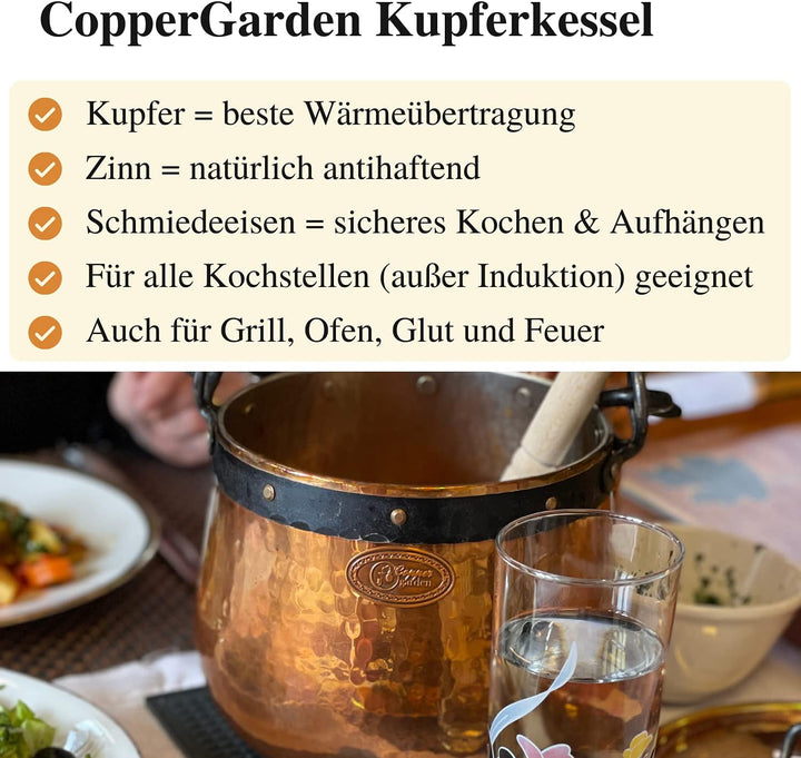 CopperGarden Kupferkessel 20 L mit Henkel &amp; Deckel - Hexenkessel I Robuster Kessel aus verzinntem Ku