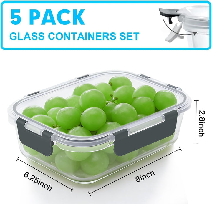 VERONES Glasbehälter für Mahlzeiten, luftdicht, mit Deckel, BPA-frei, geeignet für Mikrowelle, Ofen,