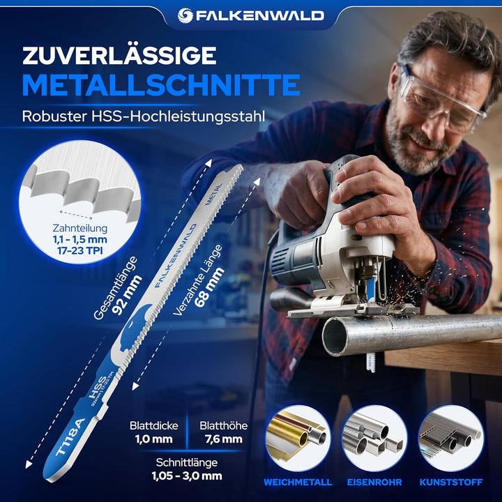 FALKENWALD® Stichsägeblätter Set 30tlg 20x Holz + 10x Metall - T-Schaft HCS & HSS - Für Weichholz, H