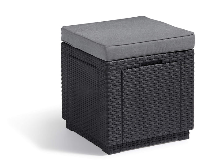 Allibert by Keter Cube Hocker mit Stauraum, grau, inkl. Kissen, Deckel abnehmbar, flache Rattanoptik