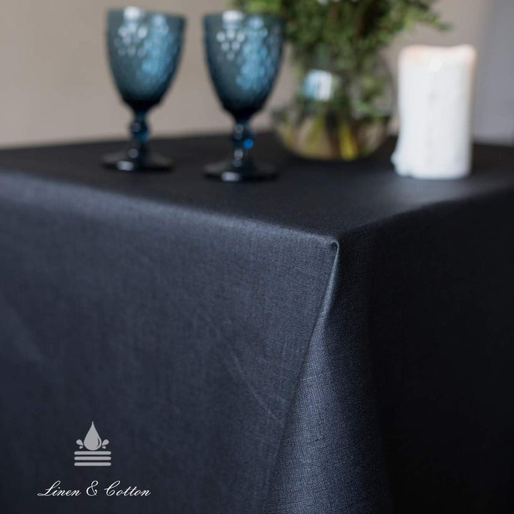 Linen & Cotton Tischdecke Wasserdicht Wachstuch Gartentischdecke Adele - 100% Leinen, Schwarz (147 x