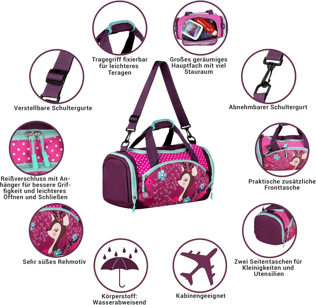 Sporttasche mit süssem Hirsch Motiv für Jungen und Mädchen Pink/Lila/Türkis, Pink/Lila/Türkis