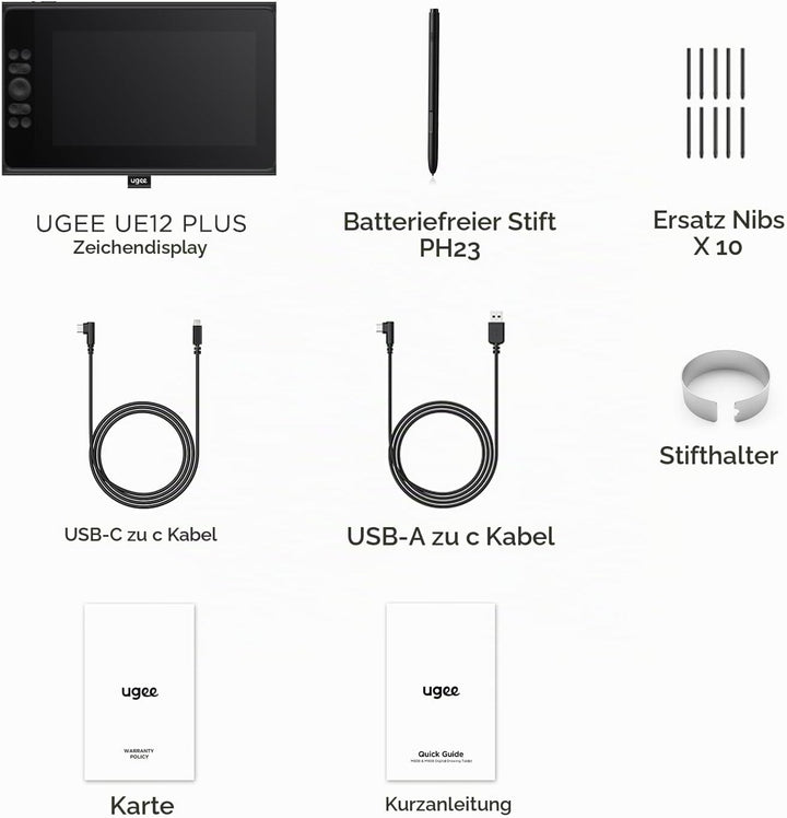 ugee UE12 Plus 11,9 Zoll Grafiktablett mit Display,Pen Display mit 147% sRGB Ultra-Wide Color Gamut