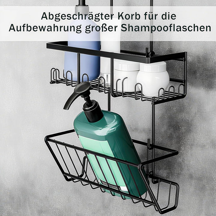 Doppelstock-Duschablage zum hängen [50% mehr Stauraum], 54cm Perfektgrösse + Schrägdesign, 12 Haken,