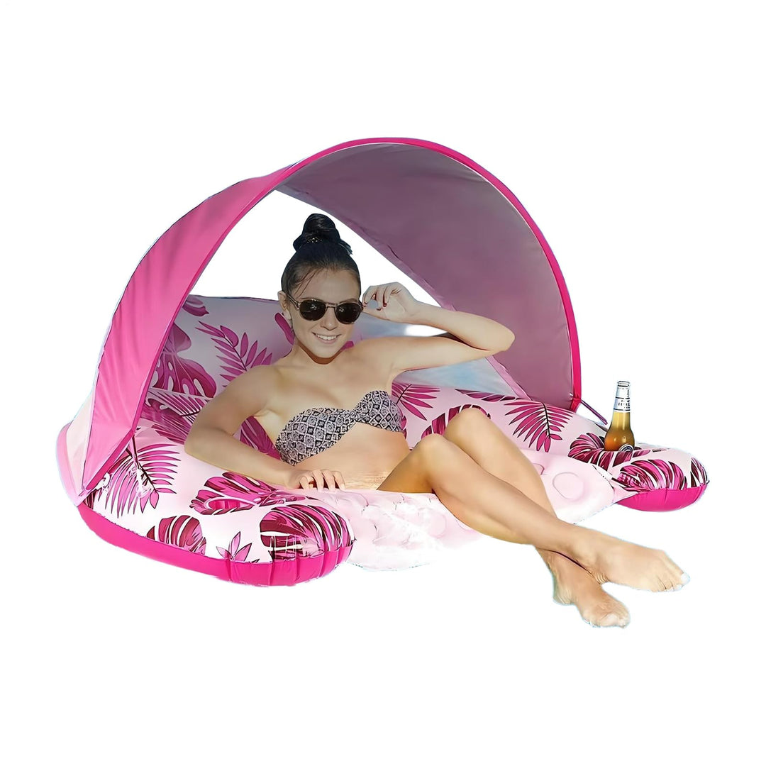 Sunshade Pool Float – Schwimmende Liege für See Fluss und Pool mit Sonnenschutz und Getränkehalter,