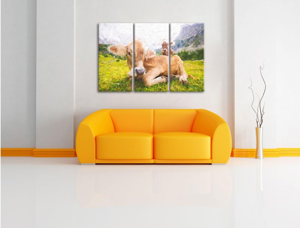 Pixxprint Almkuh in den Bergen Kunst als Leinwandbild/Grösse: 3 Teilig (120x80 cm) cm/Wandbild/Kunst