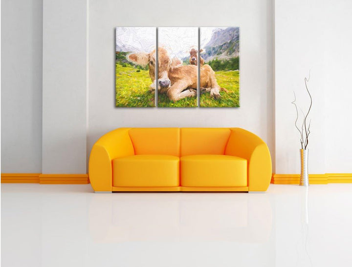 Pixxprint Almkuh in den Bergen Kunst als Leinwandbild/Grösse: 3 Teilig (120x80 cm) cm/Wandbild/Kunst