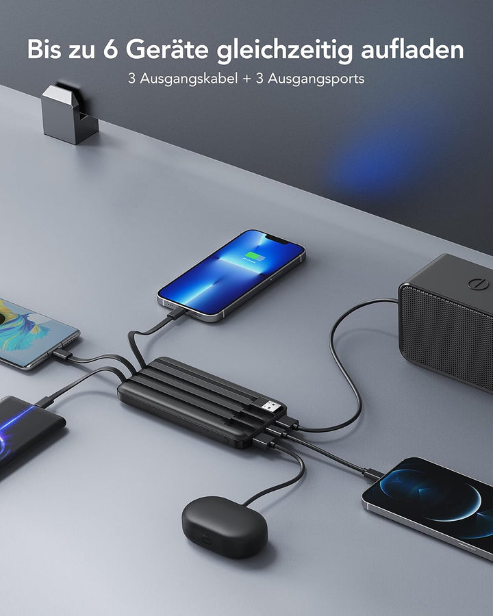 Charmast Powerbank 10000mAh Externer Akku USB C Power Bank mit 4 integriertes Ladekabel Tragbares La