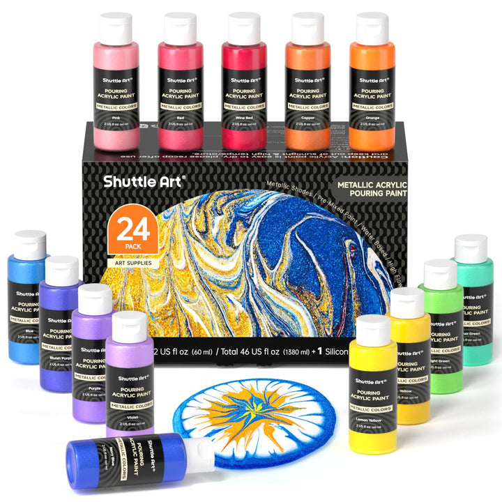 Shuttle Art Metallic Pouring Acrylfarben Set, 24 Stück Acrylic Pouring Farben in Flaschen (je 60m/2o