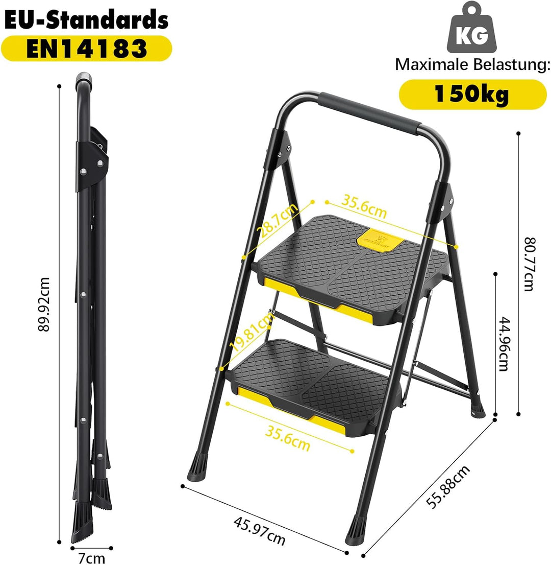 KINGRACK 2 Stufenleiter, 2 Stufen klappbar mit rutschfestem, breitem Pedal und Handläufen, leichte H