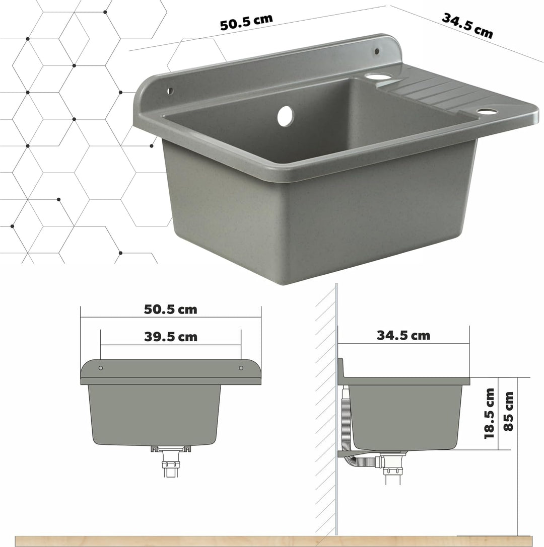 GOSPO Ausgussbecken aus Polypropylen, 50,5 x 34 x 26,5 cm, Spülbecken mit Armatur, Siphon, Seifenspe