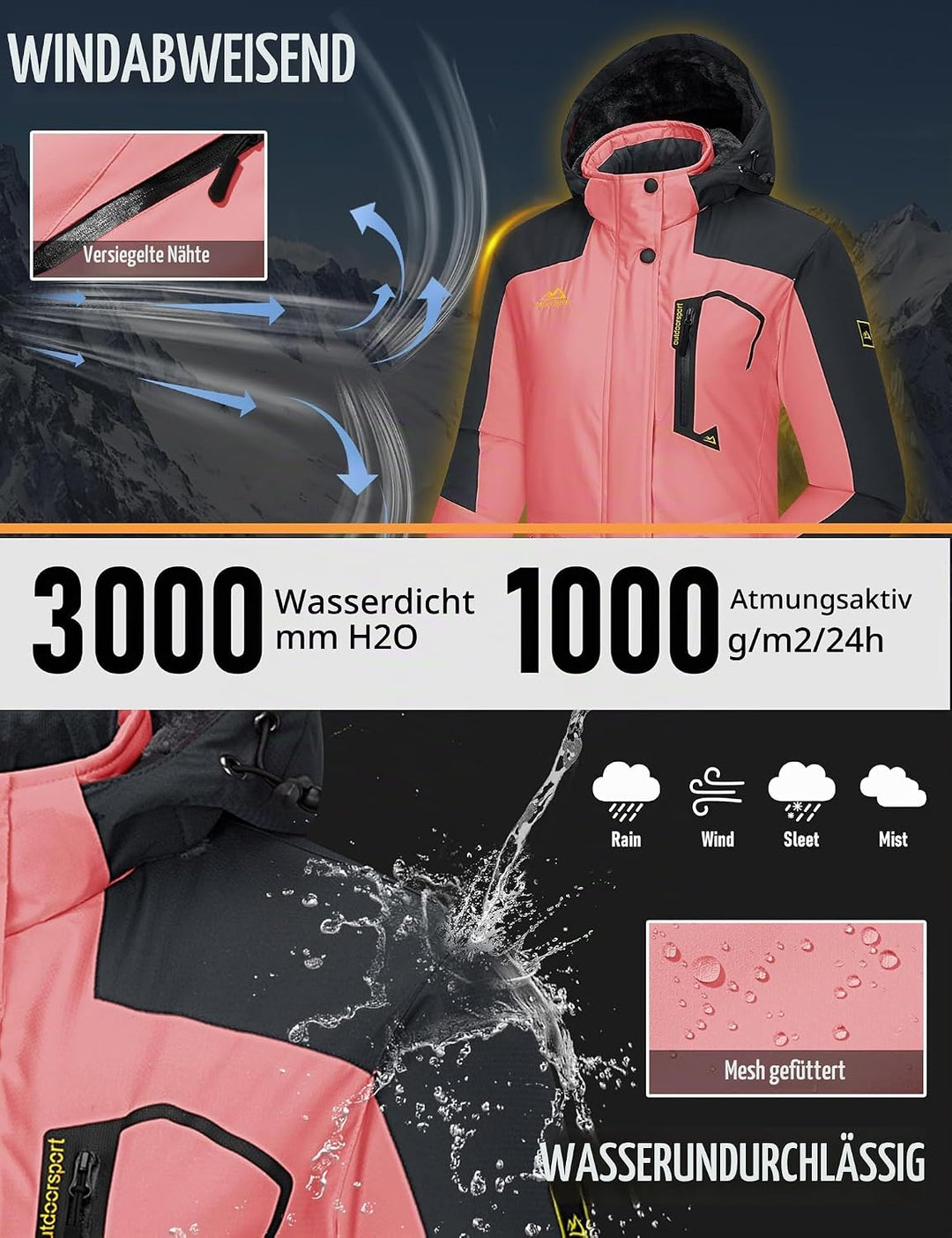 MAGCOMSEN Winterjacke Damen Skijacke mit Fleece Parka Winter Softshell Jacke Ski Snowboardjacke Wass