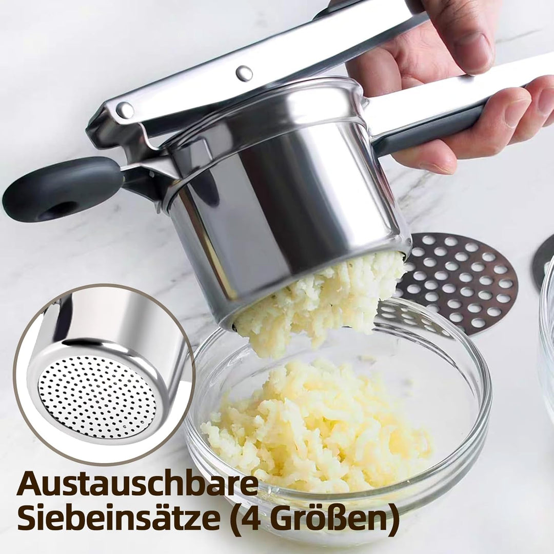 Kartoffelpresse Edelstahl, Spätzlepresse mit 4 Austauschbaren Spätzlesieb in Verschiedene Porengröss