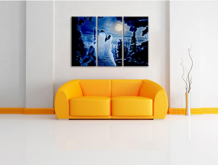 Pixxprint Heulender Wolf im Mondlicht als Leinwandbild/Grösse: 3 Teilig (120x80 cm) cm/Wandbild/Kuns