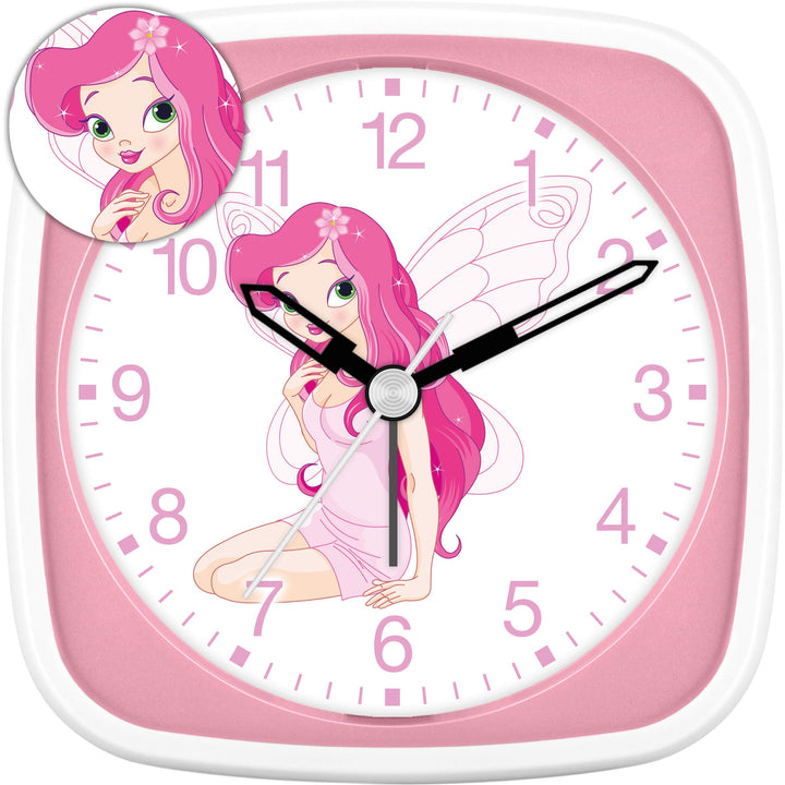 Eurotime Wecker für Mädchen mit Fee sitzend, Rosa Pink, Kinderwecker, Kunststoffgehäuse und Kunststo