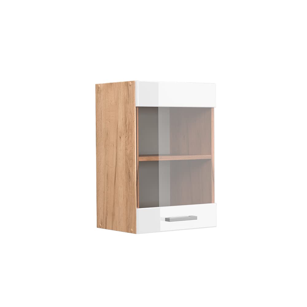 Vicco Küchenschrank Glas R-Line, Weiss Hochglanz/Goldkraft Eiche, 40 cm Weiss Hochglanz Hängeglassch