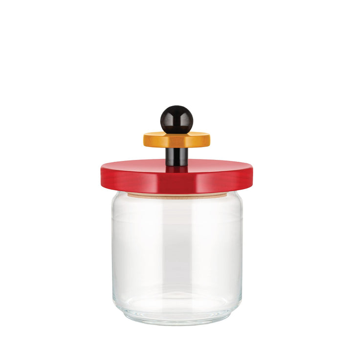 Alessi ES16/75 Küchendose aus Glas mit abgedichtetem Deckel aus Lindenholz, rot, schwarz und gelb 10