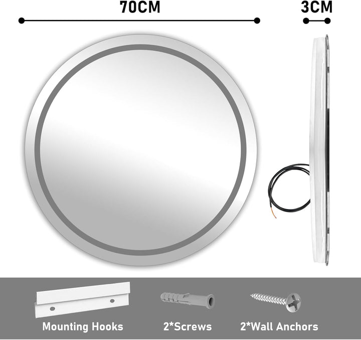 Badezimmerspiegel mit Beleuchtung, 70cm Runder Spiegel mit Beleuchtung, Wandspiegel mit Frontbeleuch