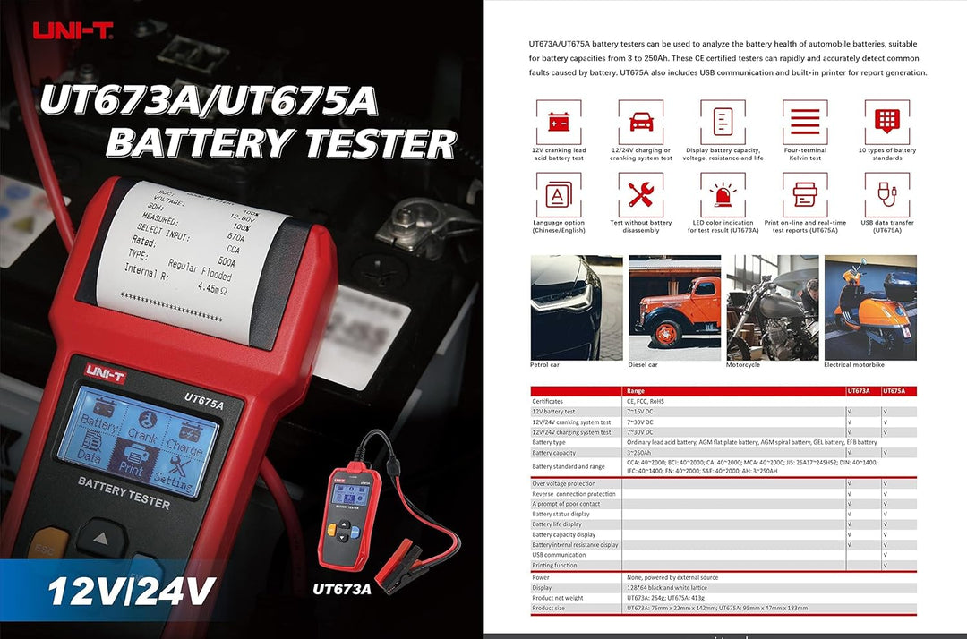 UNI-T UT675A Batterietester mit Drucker, 3 Ah - 250 Ah