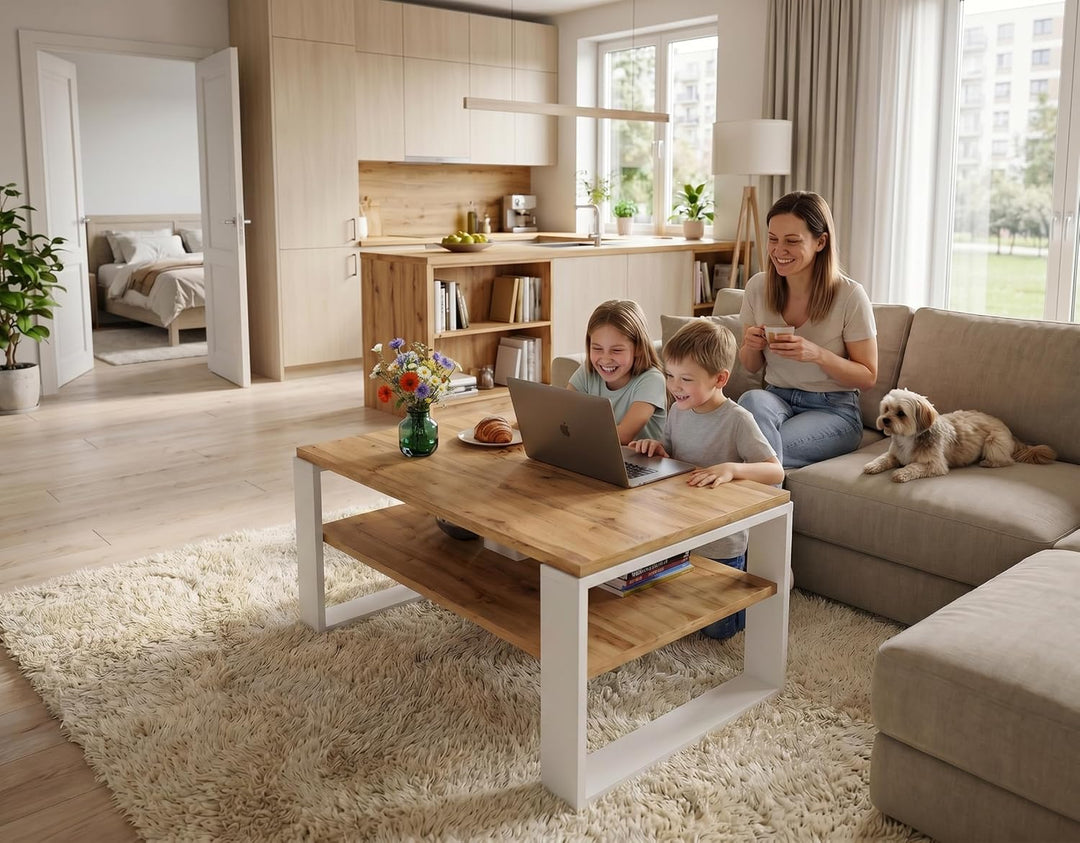 Couchtisch 91×51 cm – Wohnzimmertisch aus Holzwerkstoff, Stabiler & moderner Kaffeetisch mit zusätzl