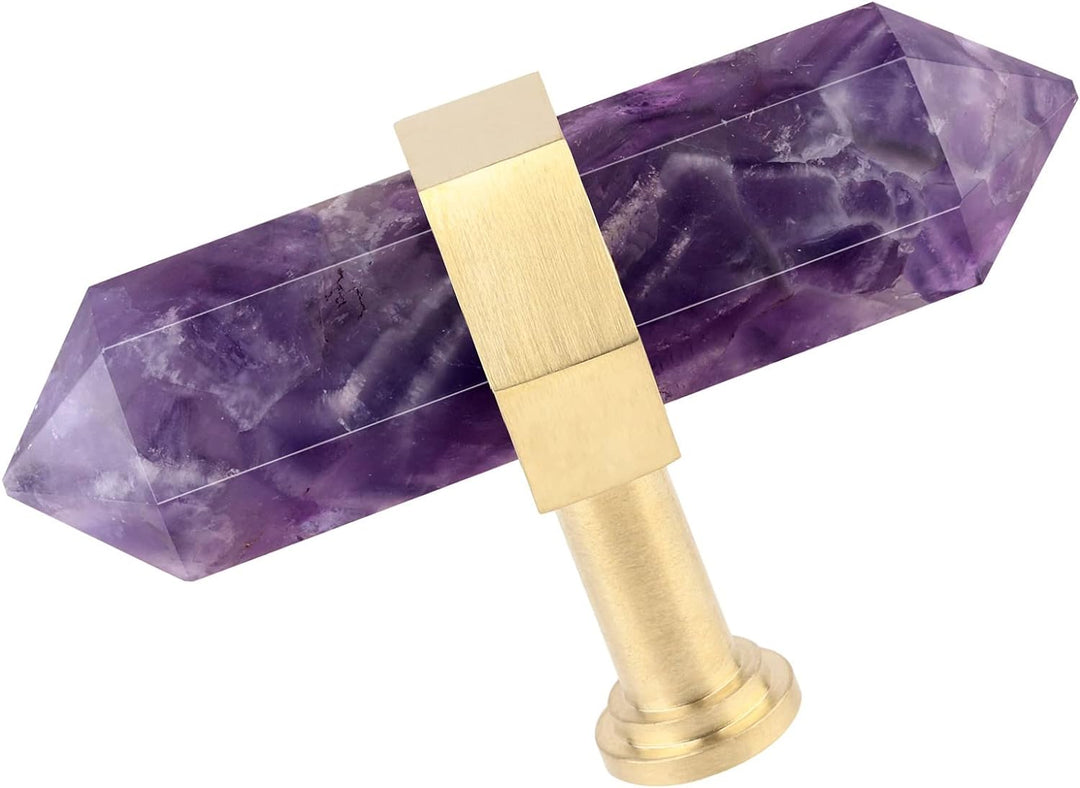 KYEYGWO 2 Stück Amethyst Heilstein Punkt Möbelknöpfe mit Schrauben, Messing Schubladenknöpfe Kristal