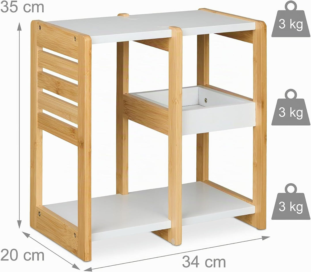 Relaxdays Badregal, 3 Ablagen, HxBxT: 35x34x20 cm, Tischregal für Badezimmer &amp; Küche, Bambus, MDF, n