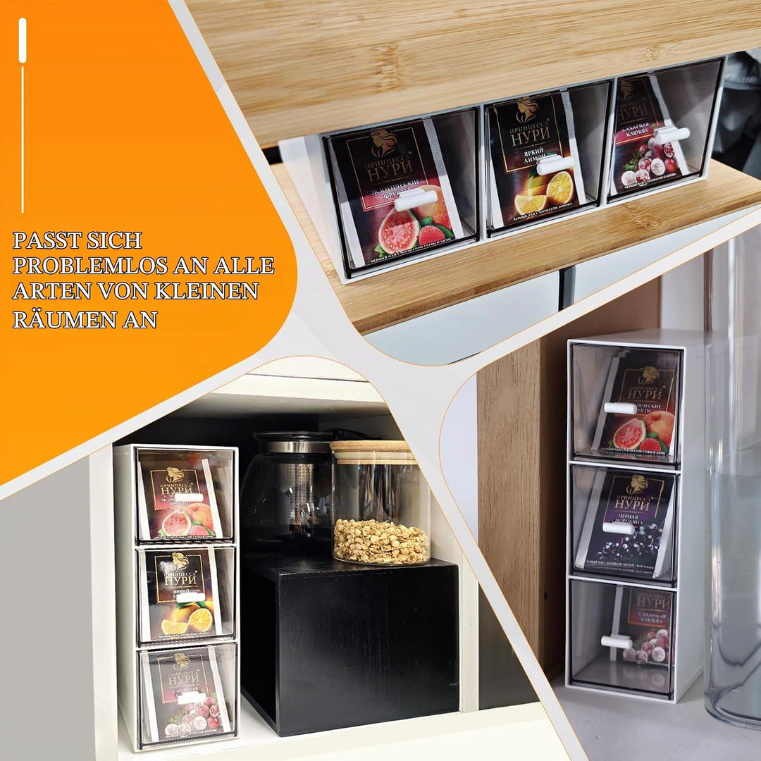 3 Stück Teebox Kunststoff mit 9 Schubladen 22.6x16,5x7,6cm Teebeutel Organizer Stapelbar, Tee Aufbew