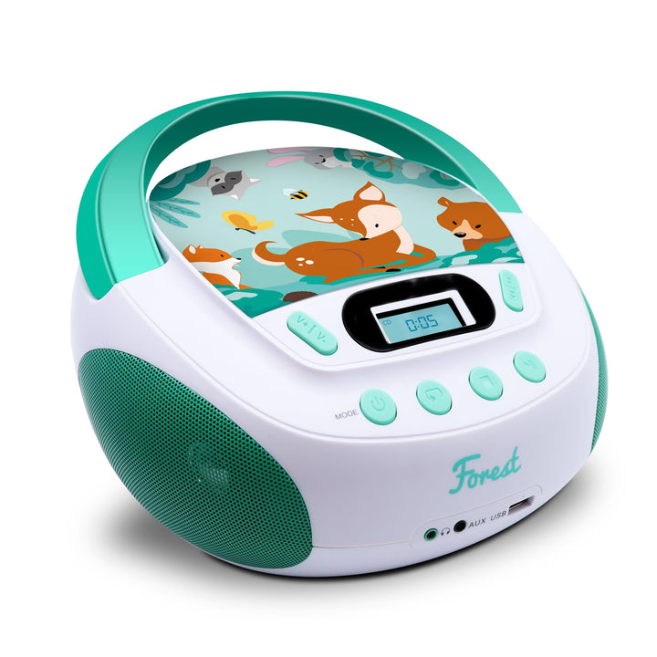 Metronic 477147 CD-MP3-Player Forest Kinder mit USB-Port und Audio-Eingang, Kopfhörerausgang, grün,