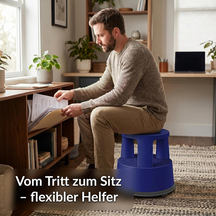 Office Marshal Rollhocker Kunststoff Elefantenfuss blau, Rutschfester Tritthocker mit Rollen, mobile