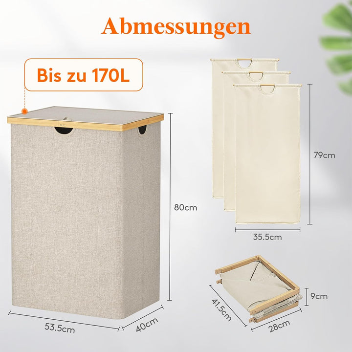 Lifewit 170L Bambus Wäschekorb mit Deckel, Faltbar Wäschesammler 3 Fächer Wäschesortierer mit Abnehm