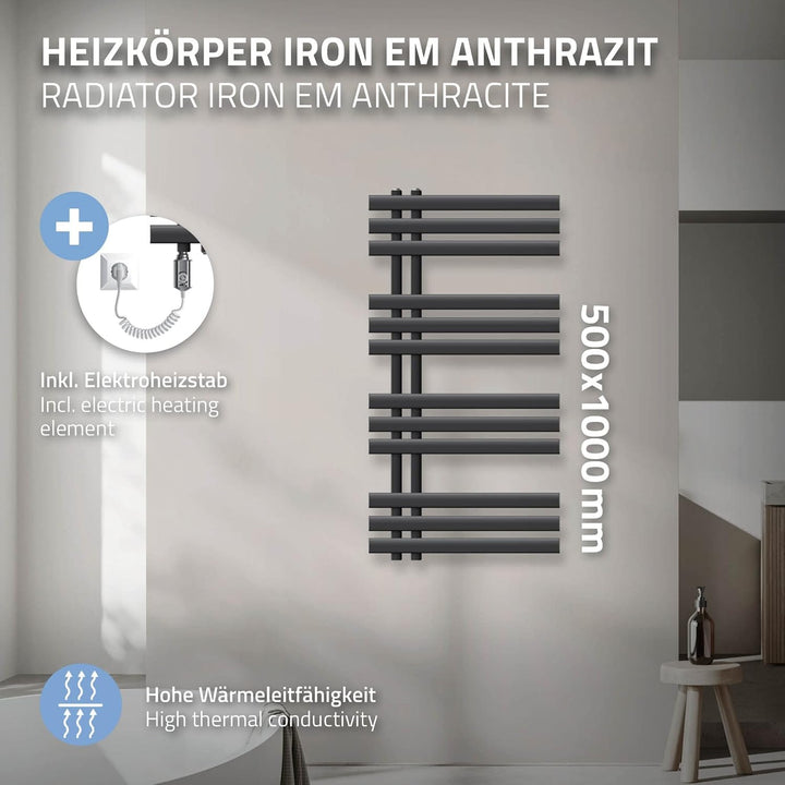 ECD Germany Iron EM Design Badheizkörper Elektrisch 500 x 1000 mm Anthrazit mit Heizstab 600W Grosse