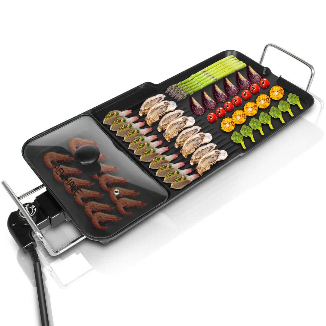 AEWHALE 3-in-1 Grillplatte Elektrisch, 2000 W, Tischgrill Elektrisch für Drinnen und Draussen mit An